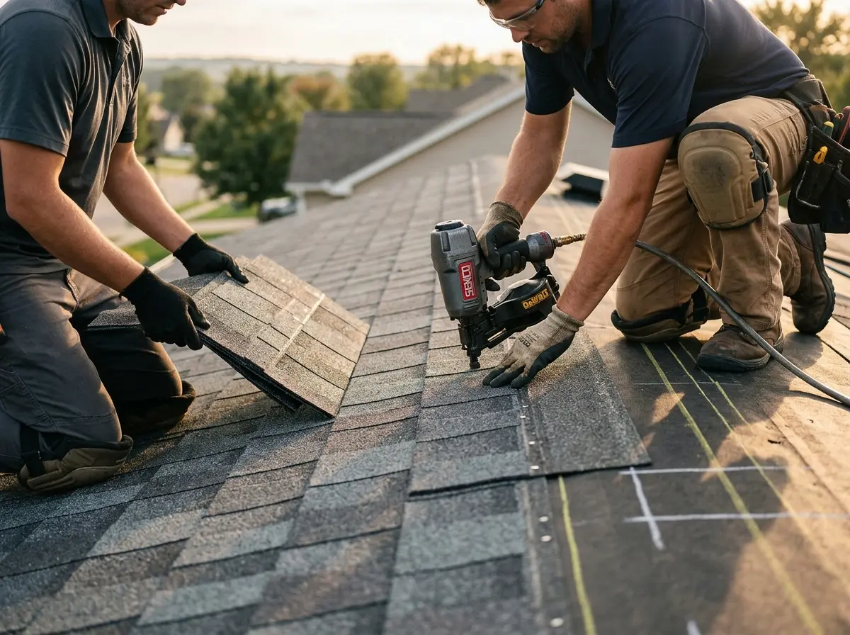 Professional roofer working on a residential roof in Monroe